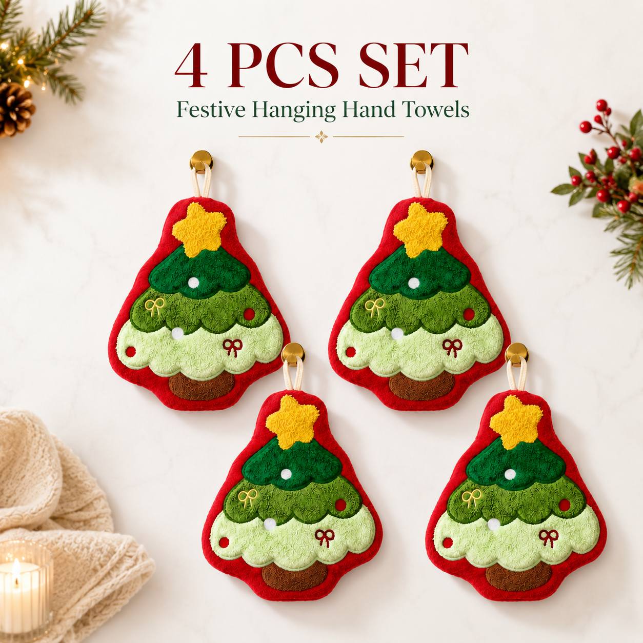 TEMU Lot de 4 serviettes à suspendre pour sapin de Noël - Serviettes de séchage douces en microfibre absorbantes avec boucles de suspension pour de