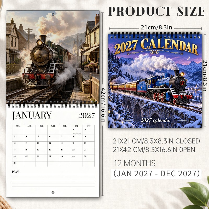 TEMU 2027 Wall Calendar Steam Train Crossing A Snowy Bridge At Spiral-bound With Thick Paper And Marked Holidays Home And Office Organizer Planning