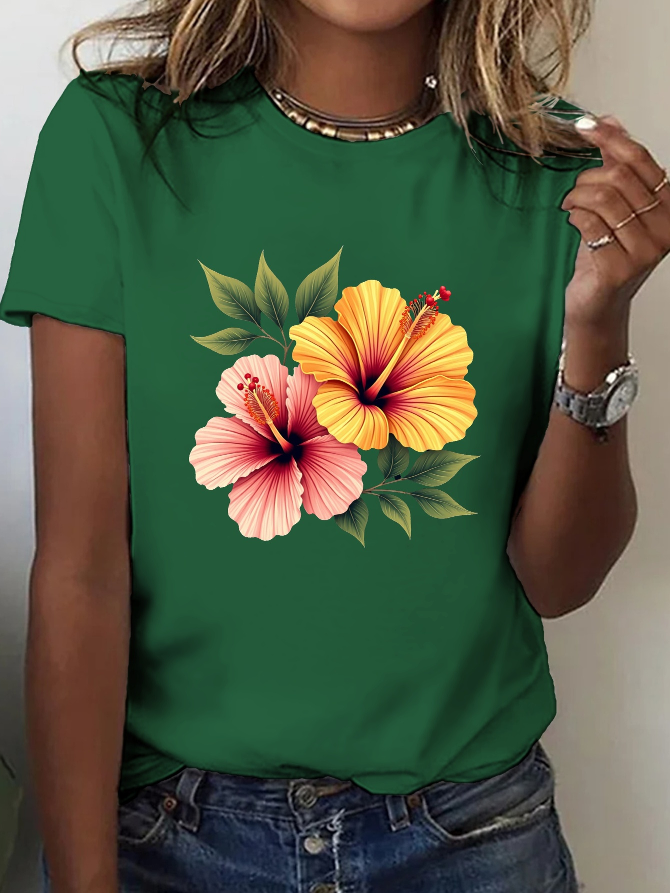 zwart hibiscus bloemenprint t shirt voor dames levendig geel - Temu  Netherlands, image size:800x1066