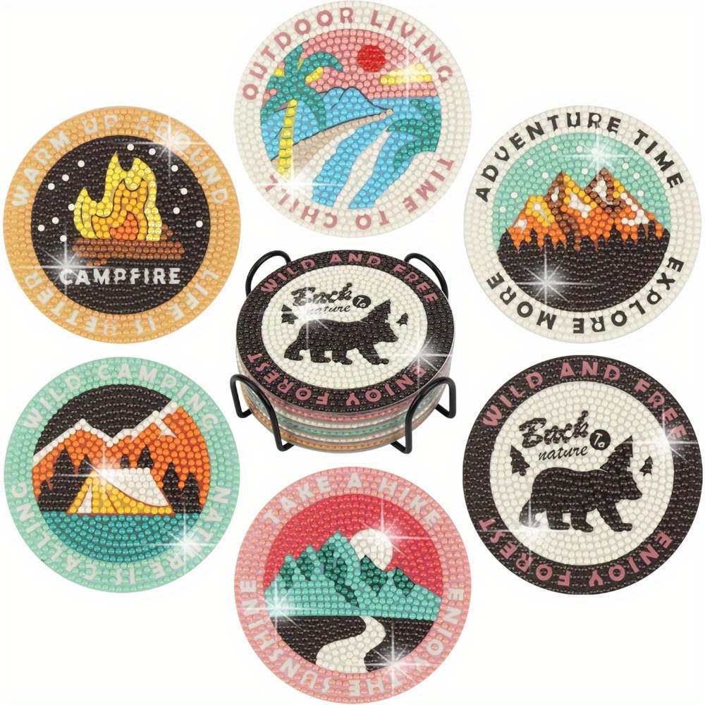 TEMU 6pcs Diamond Painting Art Coaster Set Outdoor Camping Coasters Small Diamond Painting Coasters Kit Adults Diamond Painting Art Craft Supplies