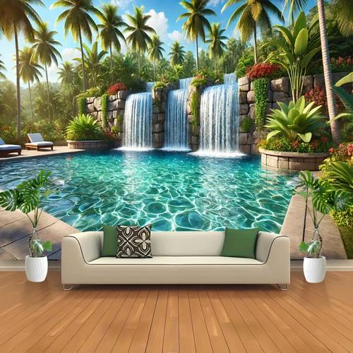 1pc extra large self tropical waterfall wall mural realistic palm tree turquoise pool backdrop with waterfall effect peel stick wallpaper like installation for indoor outdoor use wedding birthday party decor lightweight