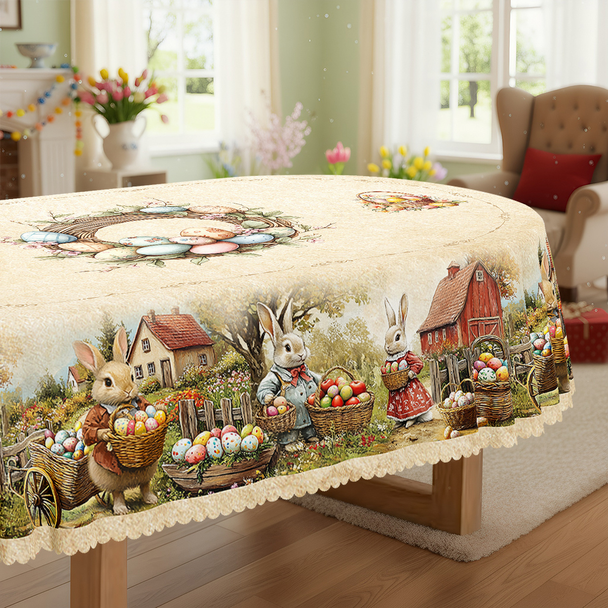 TEMU 1pc, Easter Themed Party Tablecloth, Spring Summer Rabbit Colored Eggs Floral Country Farmhouse Style Printed Design, Rectangular/round/oval