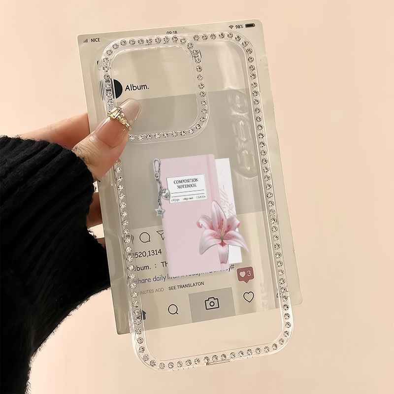 품목 사진 휴대폰 케이스 - 1개 핑크 커버 백합꽃 라인스톤 반짝이는 투명 소프트 폰 케이스 아이폰 17 16 15 14 13 12 11 pro     plus