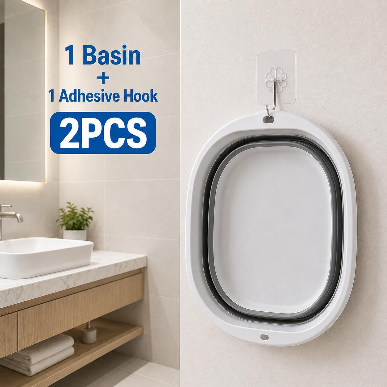 Image of 2pcs Portable Wash Basin Set (1pc Foldable Basin And 1pc Storage Hook), Collapsible Plastic Tub For Laundry, Camping, Pet Bathing, Foot Soak And Outdoor Use