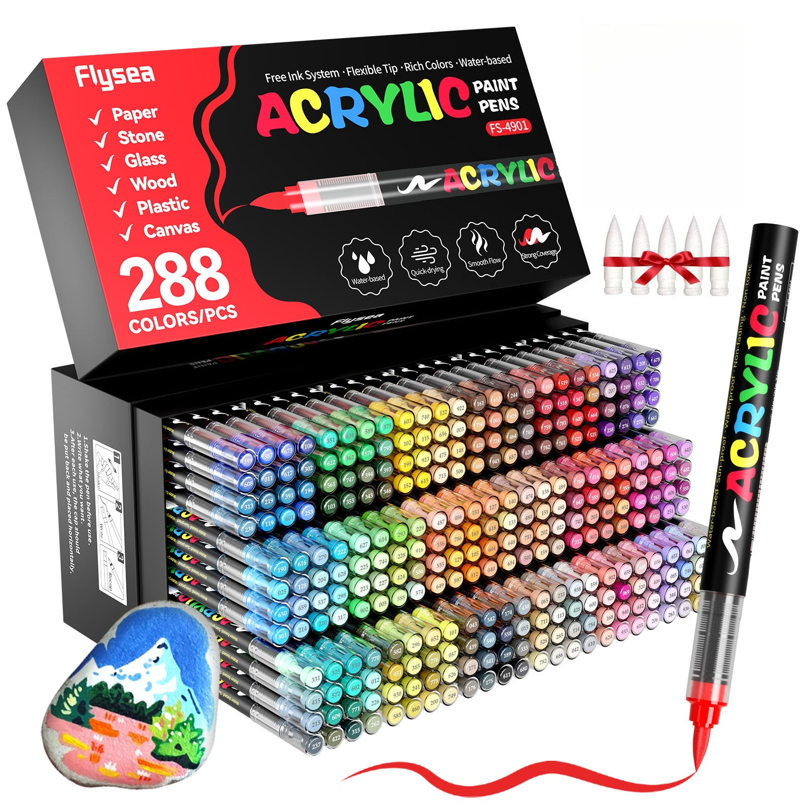 Image of Flysea 288 Colors Calligraphy Pens, Soft Brush Tip Calligraphy Pens, Quick-drying, Water-based Ink, For Rock Painting Canvas Glass, For Professional Art Painting Purposes