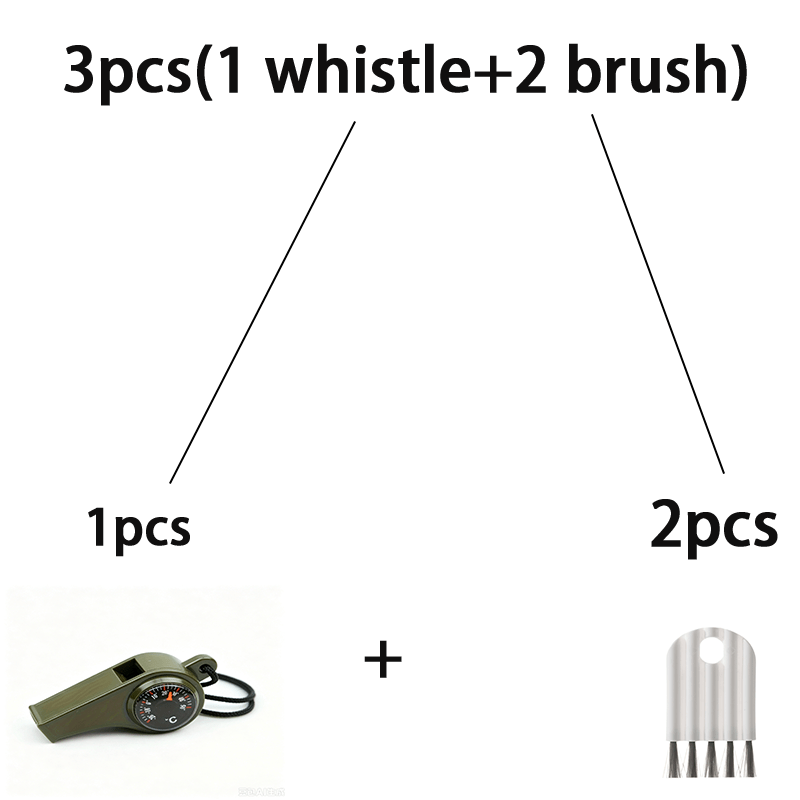 TEMU 3pcs Set (1 Whistle + 2 Small Brushes) 3-in-1 Emergency Survival Whistle With Compass And Thermometer, Portable Loud Signal Whistle, Durable