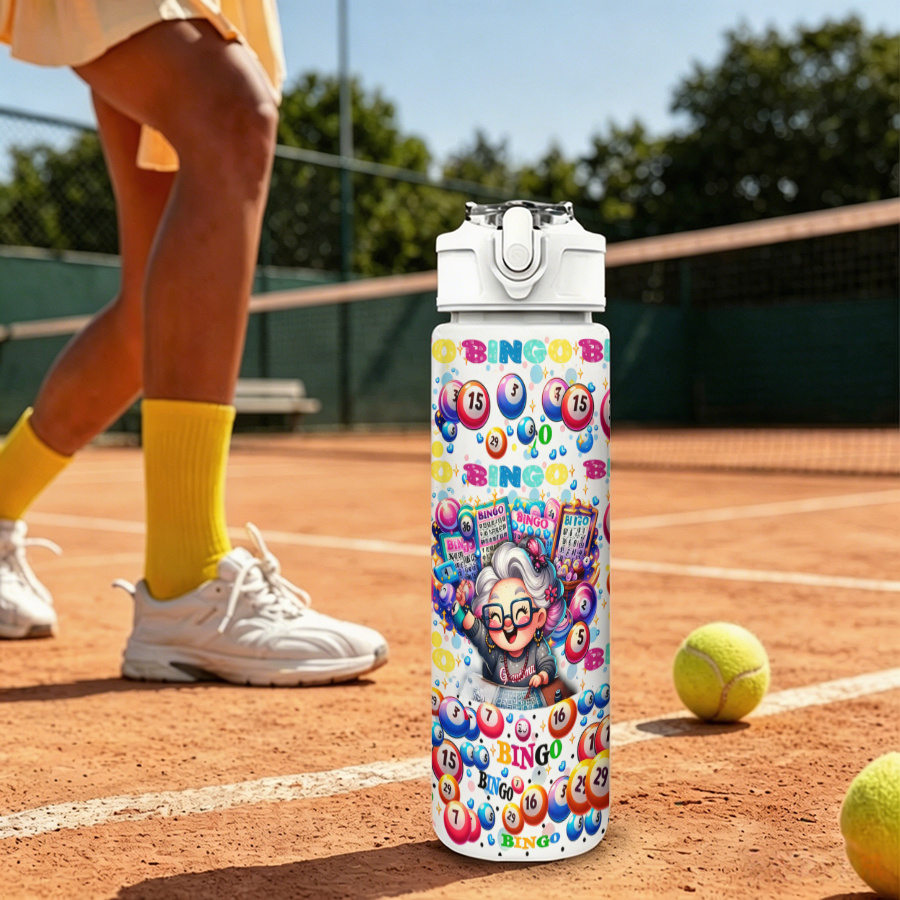 TEMU 1pc 25oz/ 750ml 2d Printed Water Bottle With Lid With Straw A Grey-haired Grandma Enjoys A Bingo Game, Surrounded By Colorful Numbered Bingo
