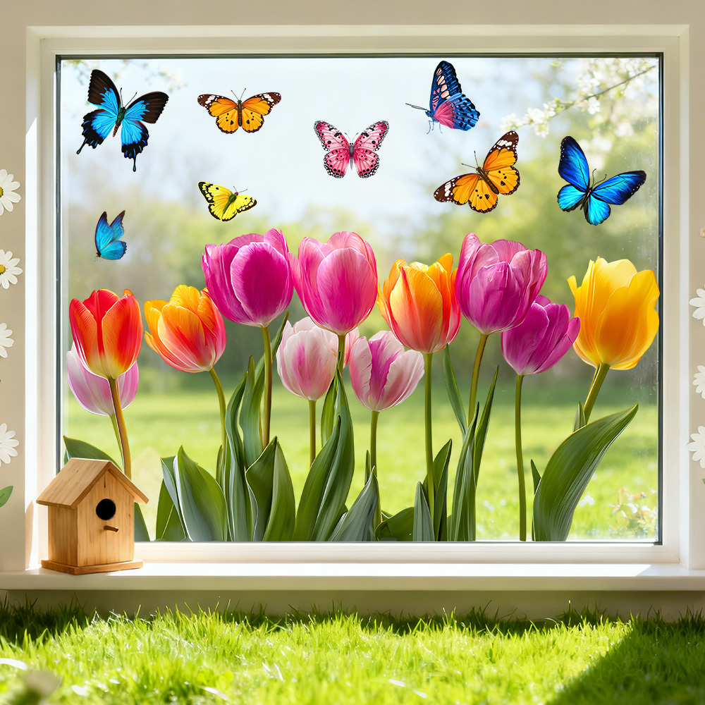1 Set Sunflower Spring Static Window Stickers | Pvc, Reusable, Glossy Finish, Flower Pattern, For Daily Home Decor, Easter, Party, Restaurant Outdoor Glass, Apartment Window Accents