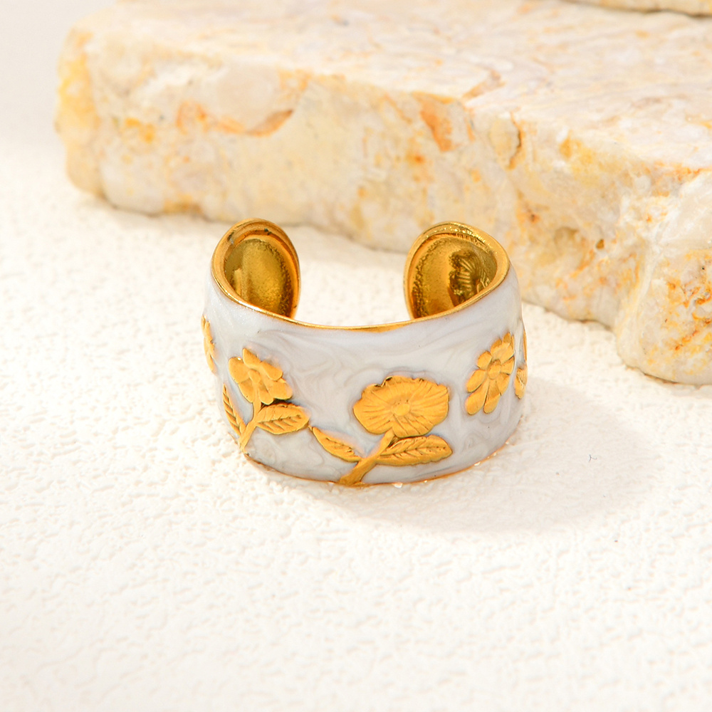 TEMU New 304 Stainless Steel Drip Oil Rose Flower Ring, High-end Flower , Fashionable , 18k Gold Plated, Non-fading Ring, Suitable For Daily Wear And