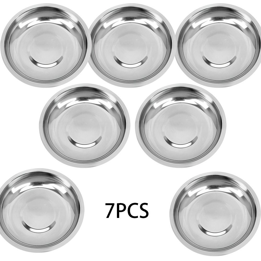 TEMU 7pcs Stainless Steel Round Mini Plates- Small Dipping Sauce Dishes, Flat Seasoning Plates, Suitable For Kitchens And Restaurants, Durable And