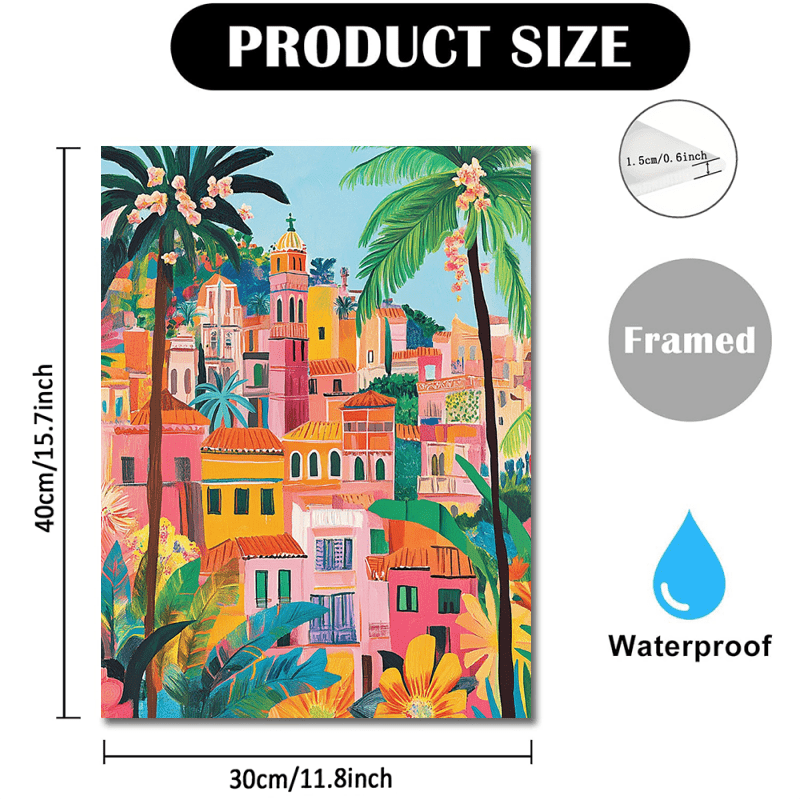 TEMU Peinture sur toile de avec cadre en bois - 11.8"x15.7" Art mural coloré de méditerranéenne , ou la décoration de , illustration , utilisation