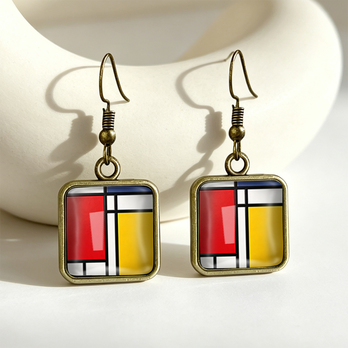 TEMU 1 Paire de Boucles d'Oreilles Carrées Time à Fausses , Boucles d'Oreilles Pendantes à Imprimé Géométrique à Rouge, Jaune, Bleu et Blanc,