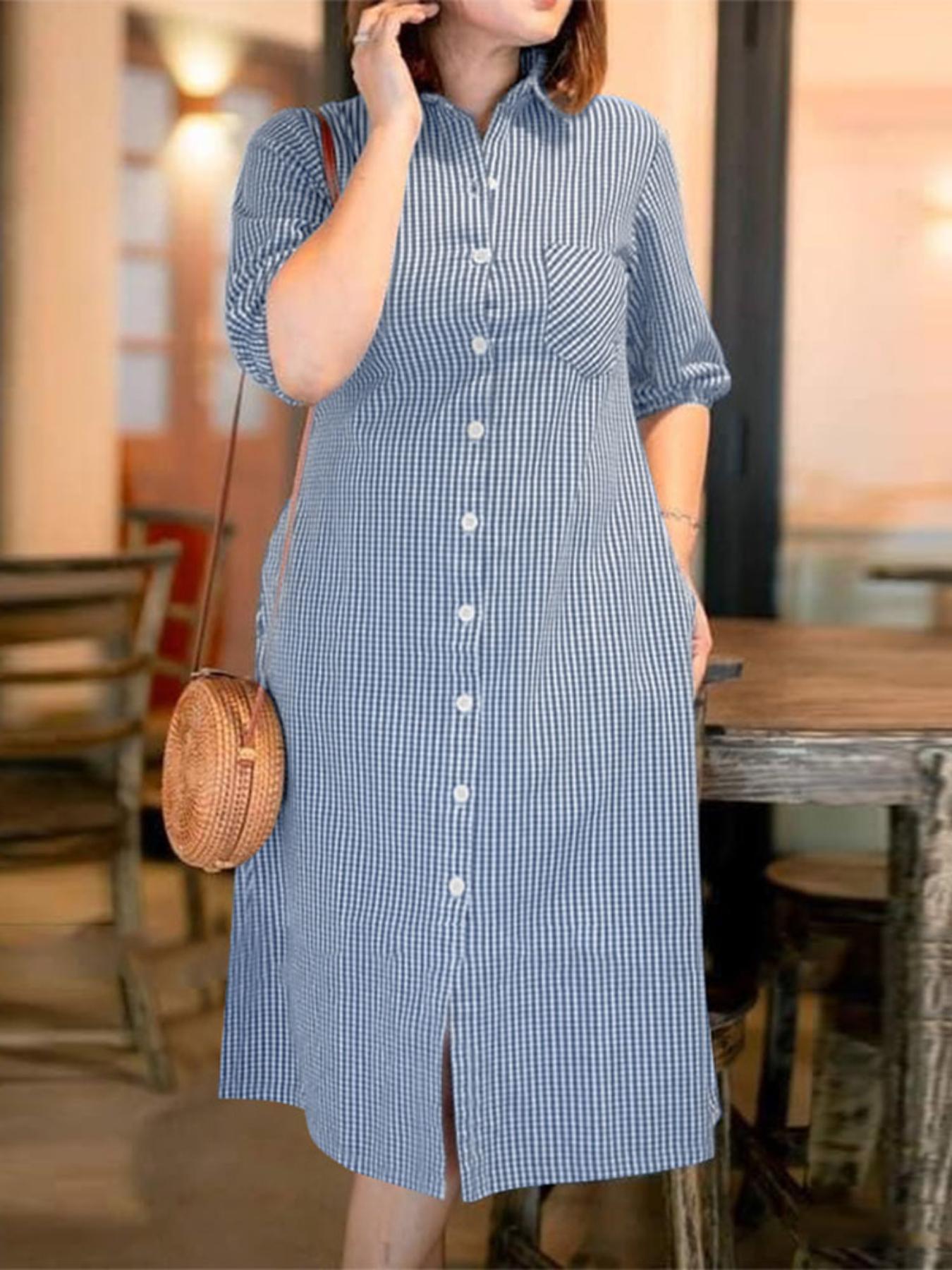 Women'S Plus Size Long Shirt Dress Casual Midi with Turn Collar,  Short Sleeves, and Button Details, Lightweight Summer Shirting, Plus Size 