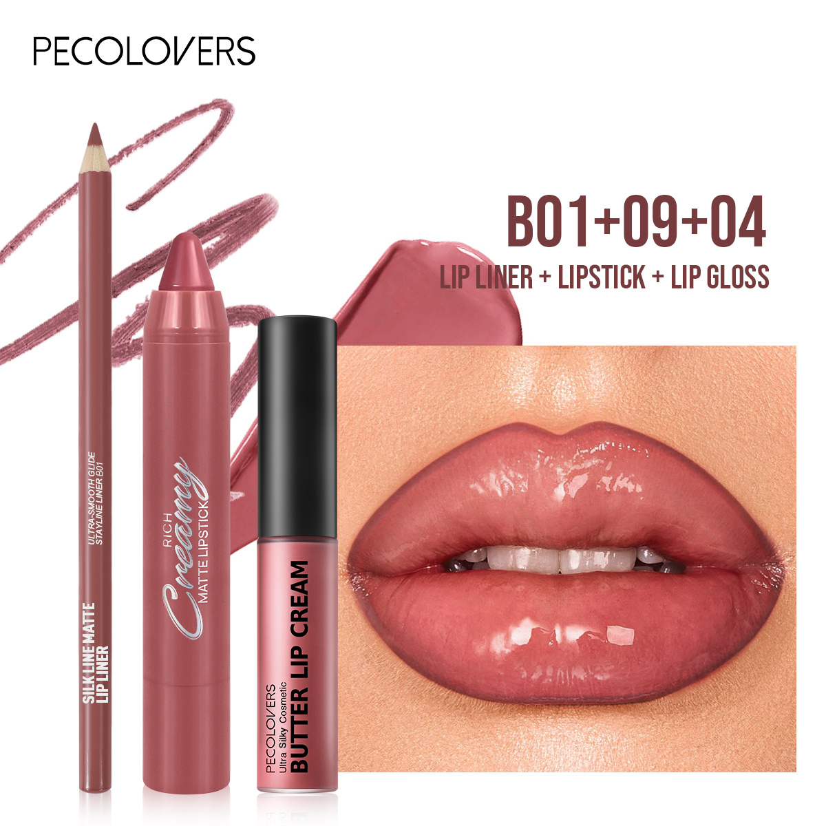 Image of Set Of Lip Liner, Lipstick, And Lip Gloss, A 3pcs Collection For Lip Makeup Waterproof And Resistant To Transfer