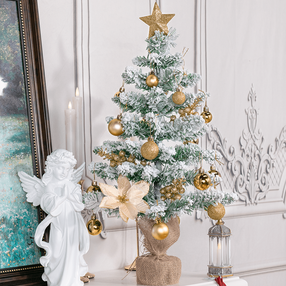 23.62inch Large Artificial Christmas Tree with Golden Topper & Golden Ornaments - Realistic Flocked Tree with Golden & Decorations, Soft Touch Plastic Holiday Decor For Home, Office, All-season Display, Christmas Tree Decorations