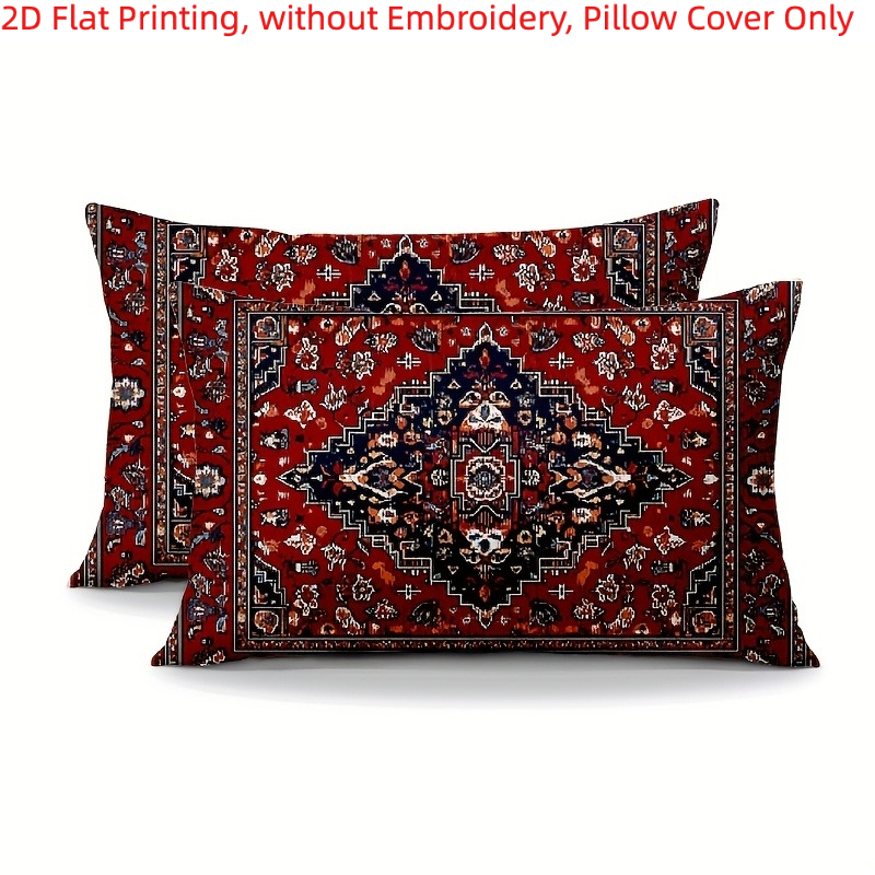 TEMU 2d Flat Printing, 2pcs, Pillowcases With Classic Carpet Pattern On Red Backdrop Single-sided Printing, Without Embroidery, Pillow Inserts Not