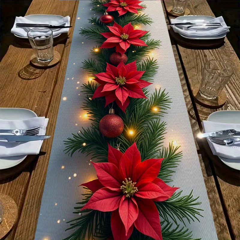 TEMU 1pc Christmas Table Runner - Red Poinsettia & Pine Needles With Shiny Baubles & Twinkling Lights, Festive Holiday Table Decor For Home, Kitchen,