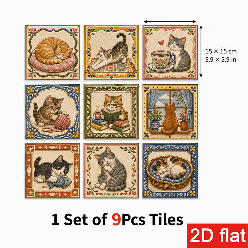 TEMU 2d Flat 9pcs 15x15cm (5.9x5.9in) Slate Tile Stickers Peel And Stick Wall Tiles For Kitchen Backsplash, Featuring Vintage Floral Cat Pattern.,