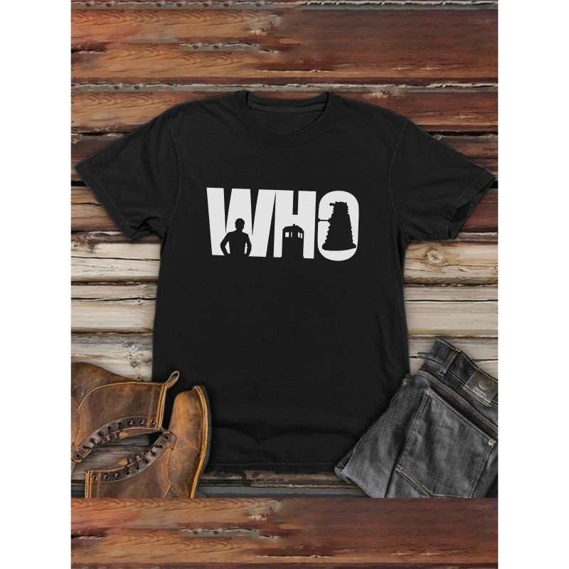 

Men's Casual Crew Neck T-shirt With "who" Print, 100% Polyester Knit Fabric, Medium Stretch, Short Sleeve, Summer Top For - Black