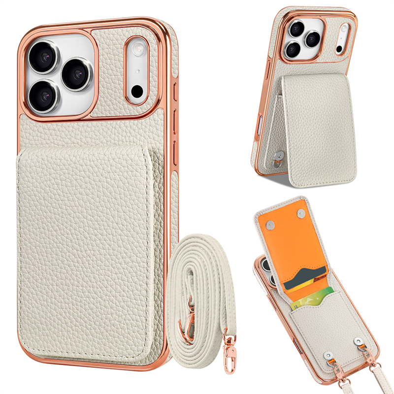 Phone Case: Business PU Lychee Texture Flip Cover Card Holder with Multiple Card Slots, Stand Function, Crossbody Strap, and Full-Body Protective Case with Plated Frame for Apple iPhone 17 Pro Max/17 Pro/17 Air/17