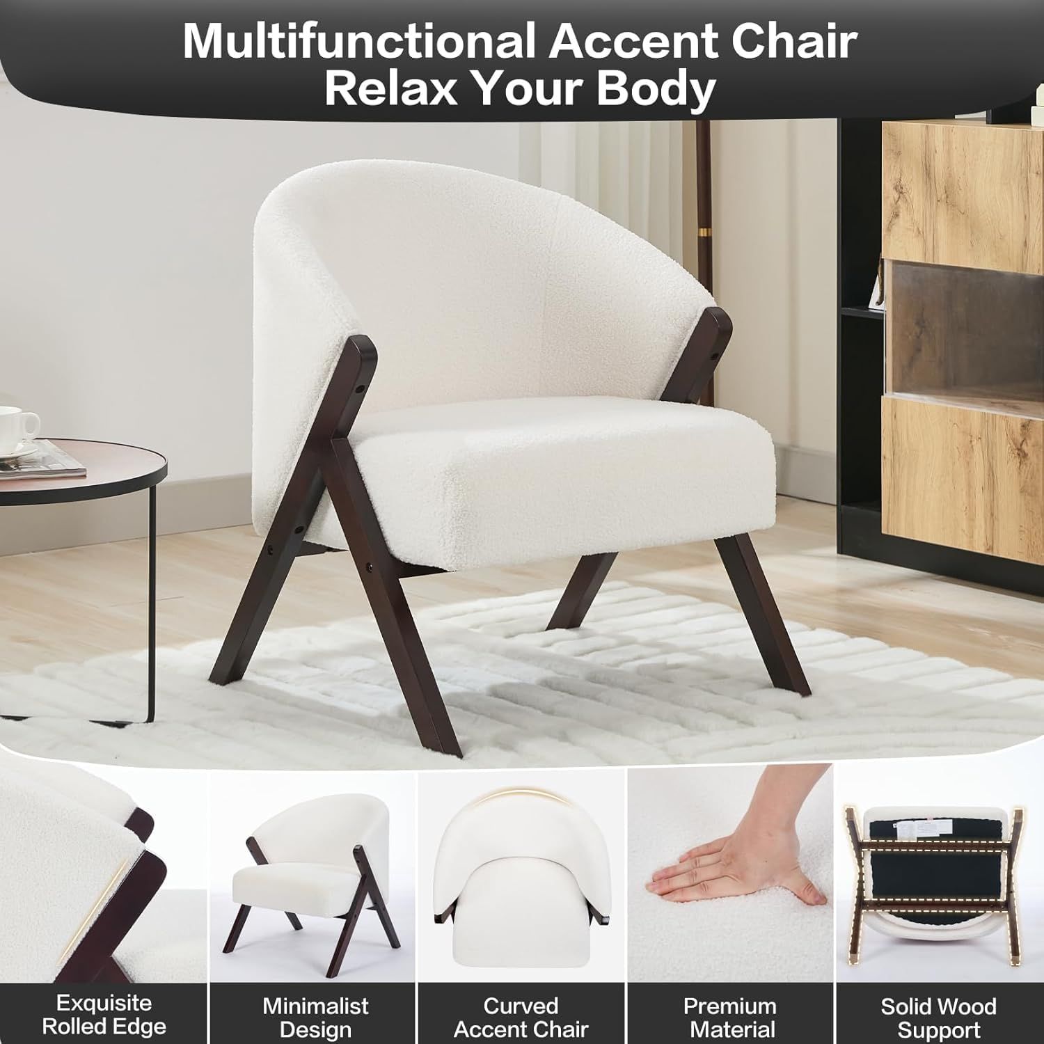 SLEKVERSA Teddy Accent Chair, Mid-Century Modern Wooden Accent Chair with Wood Legs, Comfy Upholstered Reading Leisure Chair for Living Room Bedroom Waiting Room, Beige