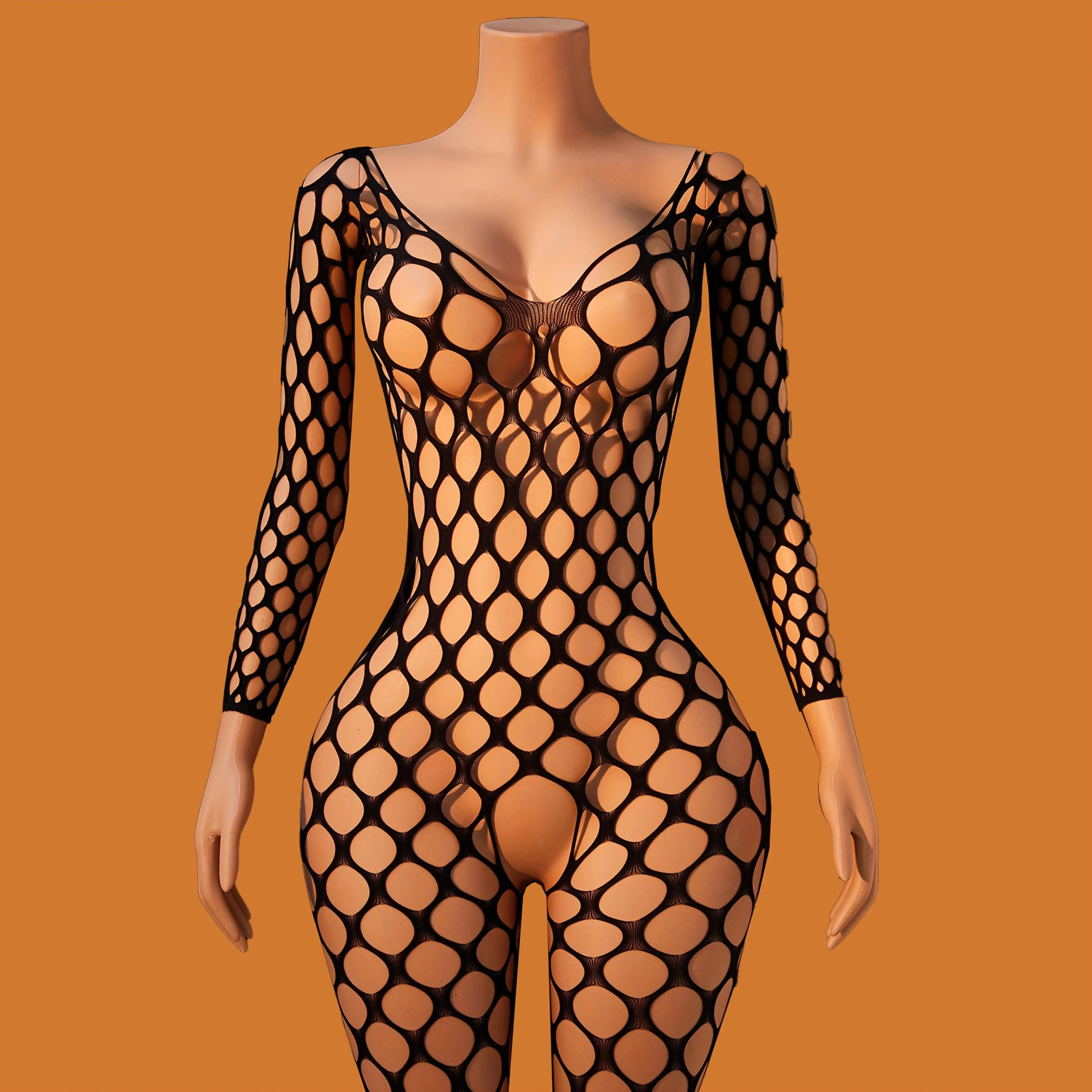 5pcs Women's Full Body Stocking Bodysuit with Garter Belt - Transparent Mesh Long Sleeve Top & Fishnet Legwear, Sensual Costume Suitable for Bedroom, Parties, Themed Events - Comfortable Wearable for s