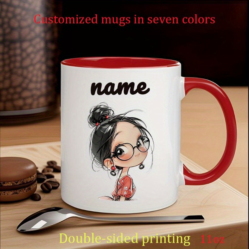 TEMU Tasse en céramique personnalisée "Élégant avec Verre", Tasse à café et à eau avec nom personnalisé, Impression , Lavable en machine, 11 oz, 7