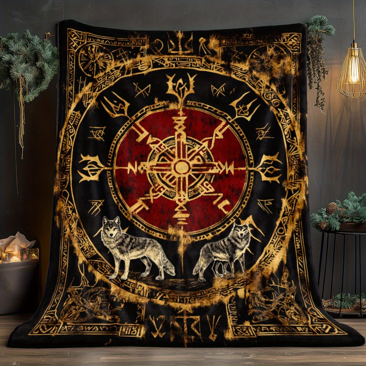 TEMU 1pc Viking Style Blanket, Lightweight Fleece Sofa Bed Cover, Red Black Nordic Pattern With Wolf Symbol, Soft Warm Bedding, Suitable For Camping,