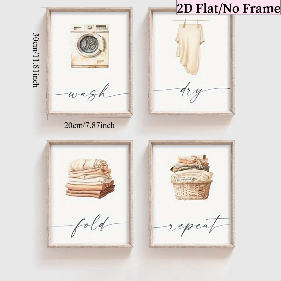 TEMU 2D Plat, 2D Plat, 4pcs 2D Plat, Affiches de Décoration Murale, Affiches de Buanderie, Décor de Buanderie, Ensemble d'Art de Buanderie de 4pcs,