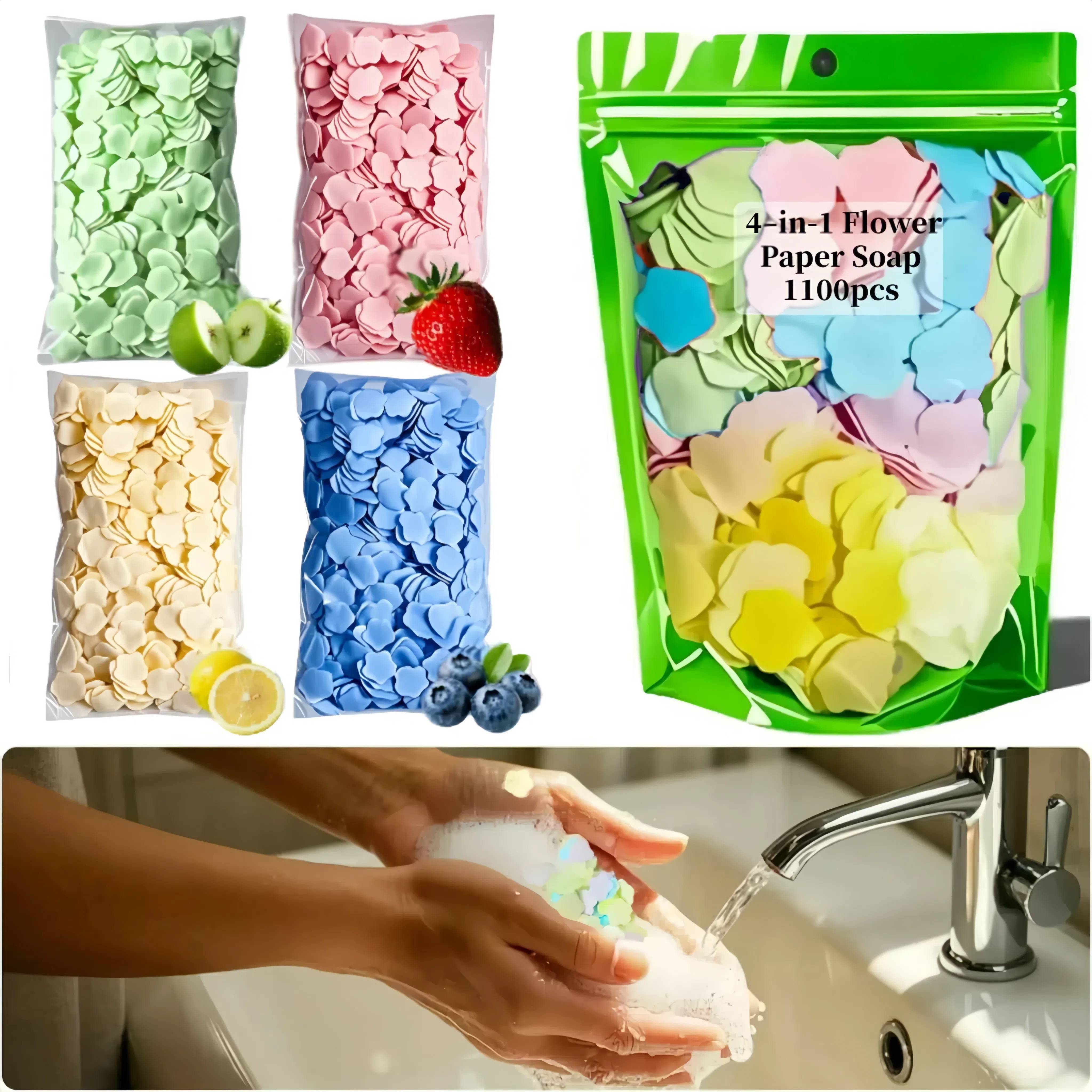1100pcs colorful portable disposable flower shaped soap sheets   strawberry lemon blueberry scented   light beige aluminum free for travel hiking daily use hand washing essentials   glycerin moisturizer