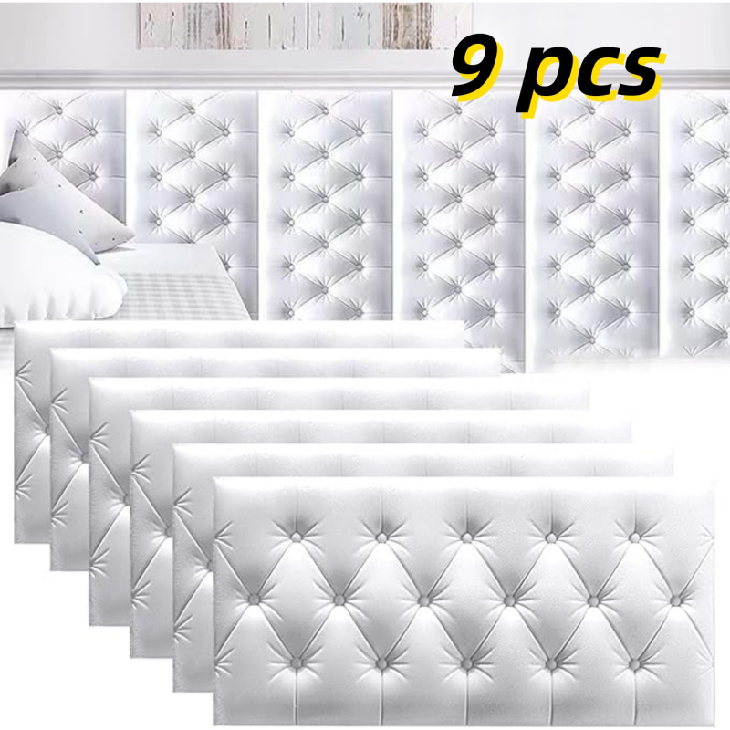 Image of 9pcs Modern Self-adhesive Wall Mat Set | Bedroom Decorative Self-adhesive Headboard Protector, Soft White Cushion Design, 12mm Thick
