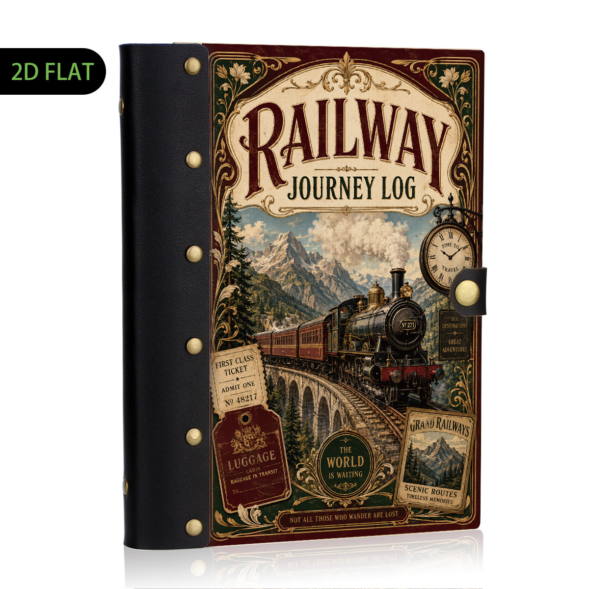 TEMU 1pc Burgundy Steam Train Mountain Ticket Hardcover Journal, Vintage Clock Railway Journey Log Notebook, 2d Flat Cross-country Rail Diary, Scenic
