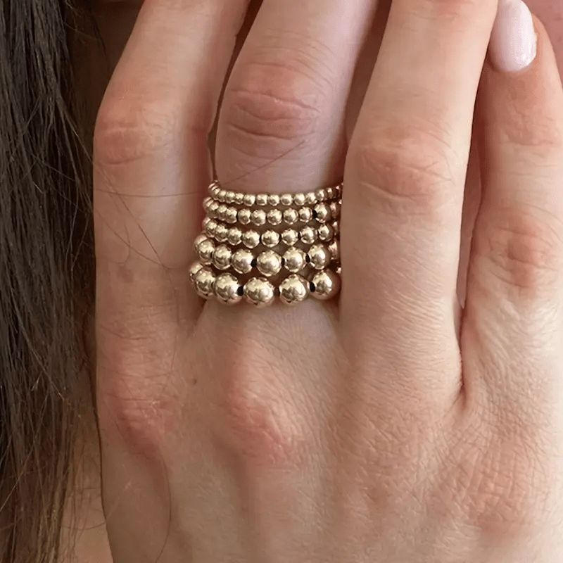 Image of 5-pack Women's Ccb Elastic Ring With Large And Small Beads, Daily Wear, Holiday Gift, Autumn-winter Matching Golden Color Rings