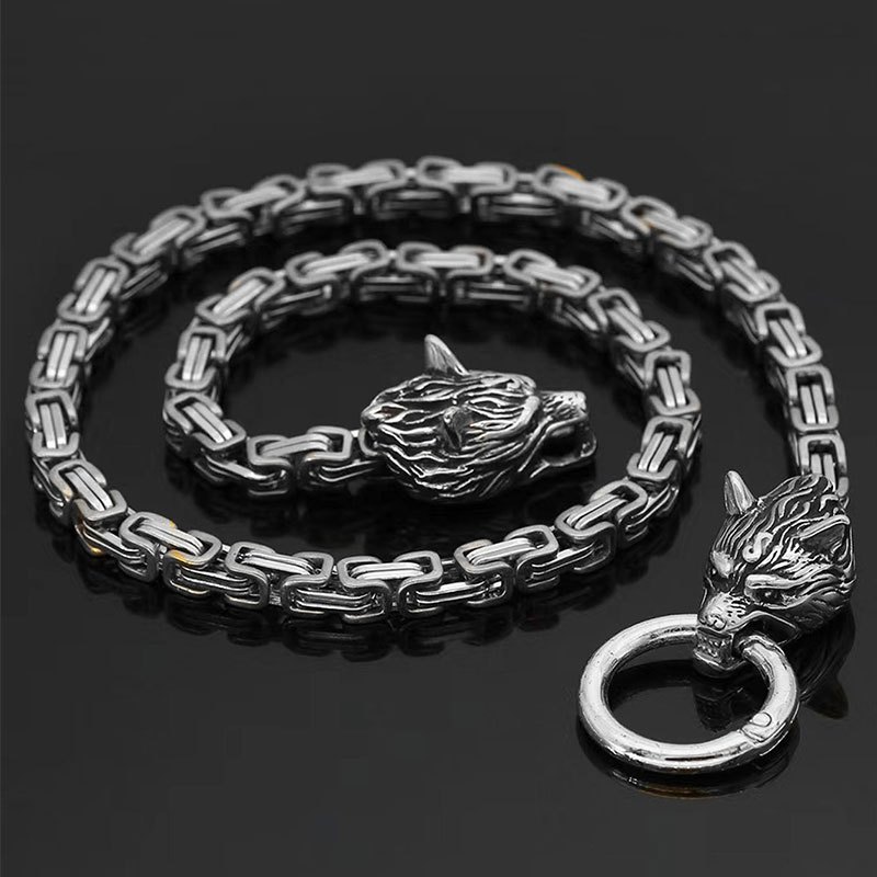 Men's Vintage Wolf Head Nordic Hammer Pendant Necklace