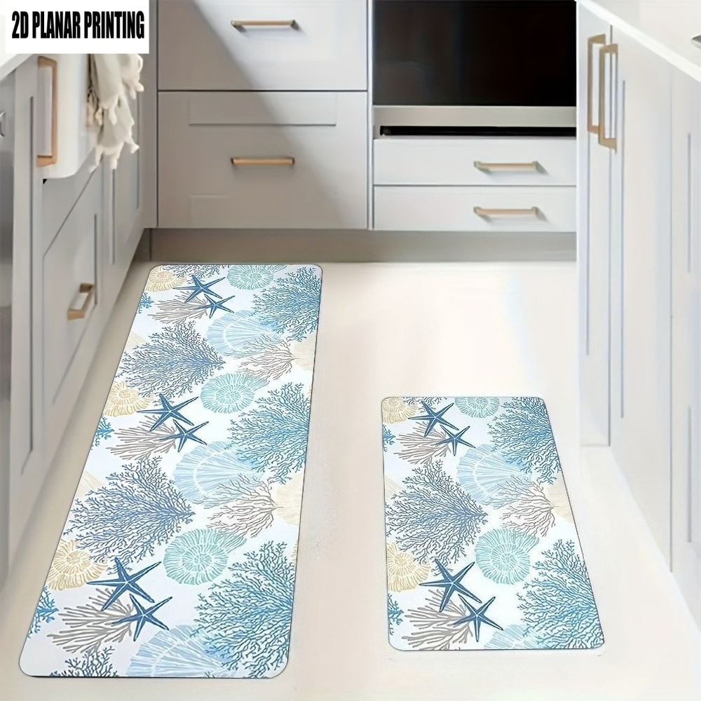 TEMU Modern Kitchen Mat Set, Themed Floor Mat - Starfish, Coral, And Seashell Light Blue Pattern, Soft, Comfortable, And Lightweight Flannel Mat Set,