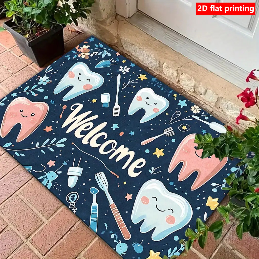 TEMU 2d Flat Printing Home Decor 1pc New Tooth Pattern Welcome Letter Printed Door Mat, Very Suitable For Front Door Mat, Restaurant Mat, Indoor Door