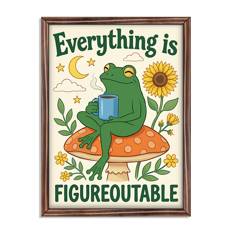 TEMU 2d Flat 1pc Wooden Sign "everything Is Figureoutable" Frog Wall Art Decor, Cute Mushroom With Frog Print, Whimsical Bohemian Style Inspirational
