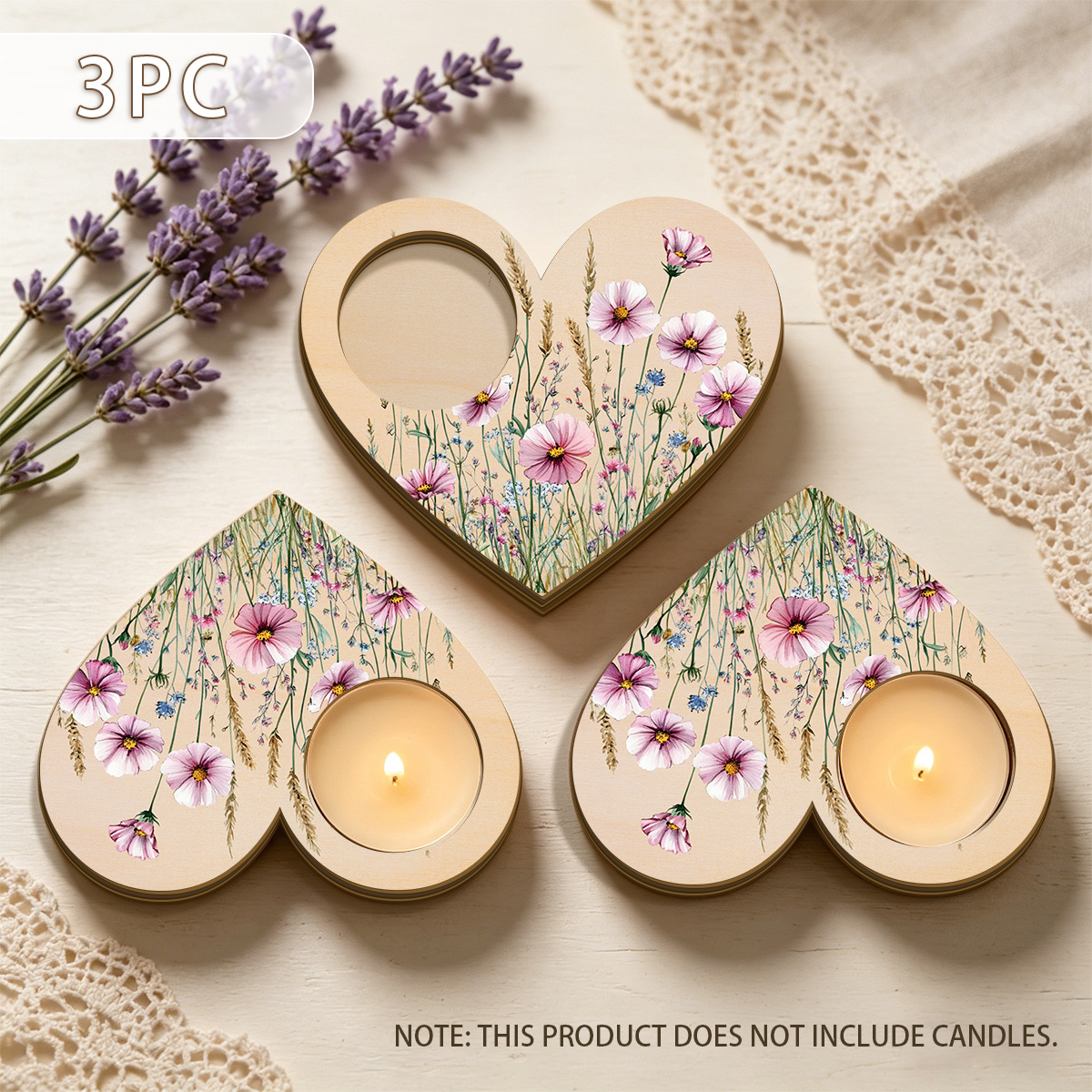 TEMU Juego de 3 portavelas en con forma de , adecuados para regalos del Día de la , madera natural para , madera artificial con estampado de rosa y ,