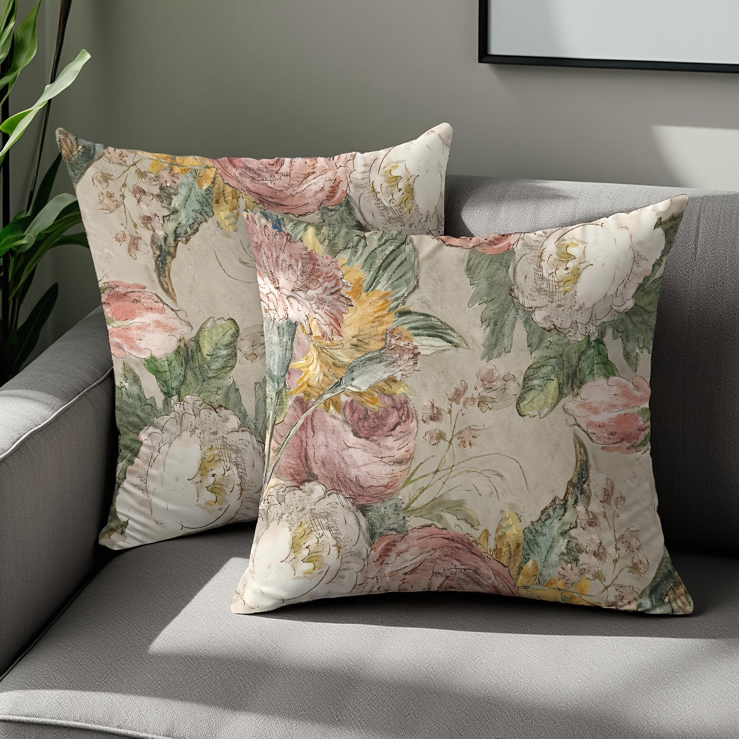 TEMU 2pcs Single-sided Printed Vintage Sheet Music Watercolor Peony Velvet Pillowcases, With A Light Beige Distressed Background, Pink And White