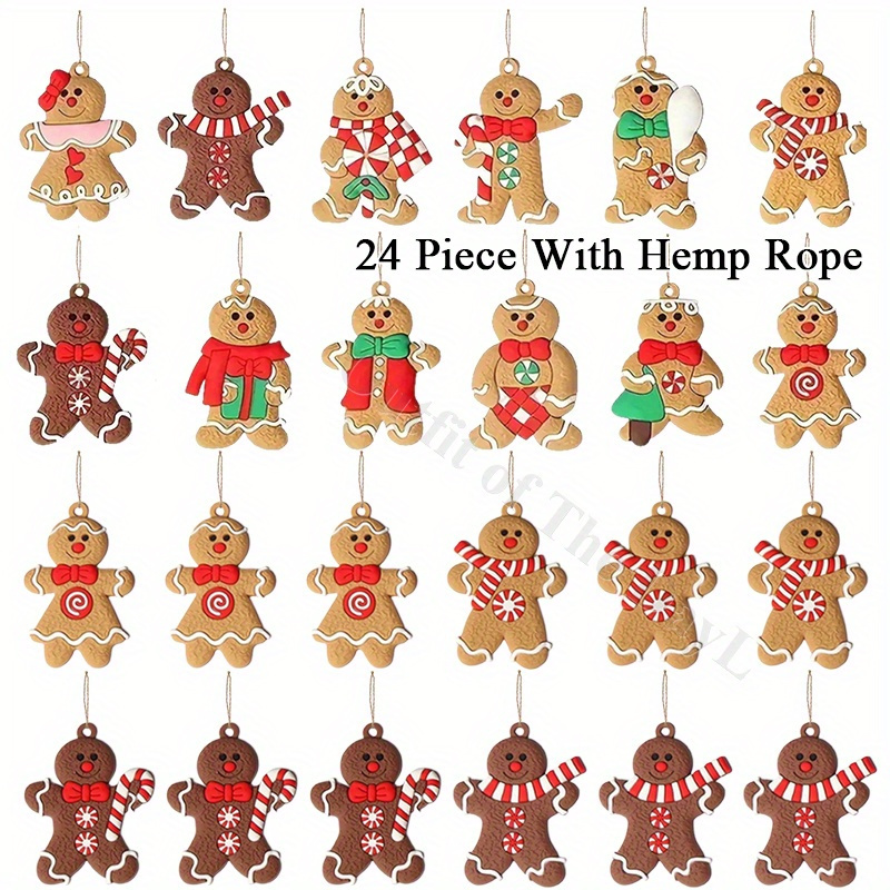 

24piece With Hemp Rope Gingerbread Man Christmas Ornaments Set - Classic Wooden Christmas Tree Decorations, Cute Mini Holiday Hanging Charms For Indoor & Outdoorambiance