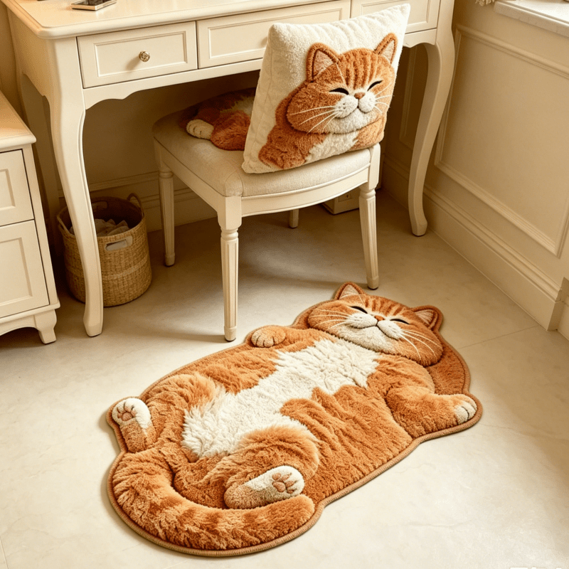 TEMU 1pc [2d Flat] Gentle Style Reclining Fat Shaped Bedroom Bedside Plush Irregular Carpet Soft Cute Realistic Warm Orange Sleeping Cat Living Room