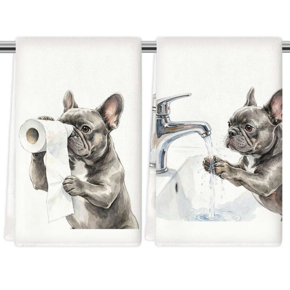 TEMU L 2pcs Funny Bulldog Bathroom Hand Towels, Machine Washable Watercolor Bulldog Printed Decorative Tea Towels, Spring Summer Themed Absorbent