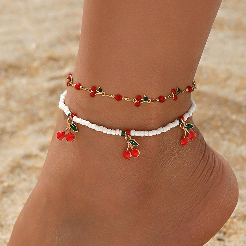 Image of 2pcs And Stylish Pendant White Bead Anklet Set, Versatile For Daily Wear And Vacations, Women's Anklet, Alloy Material, For Summer Beach Vacations, Summer Anklet