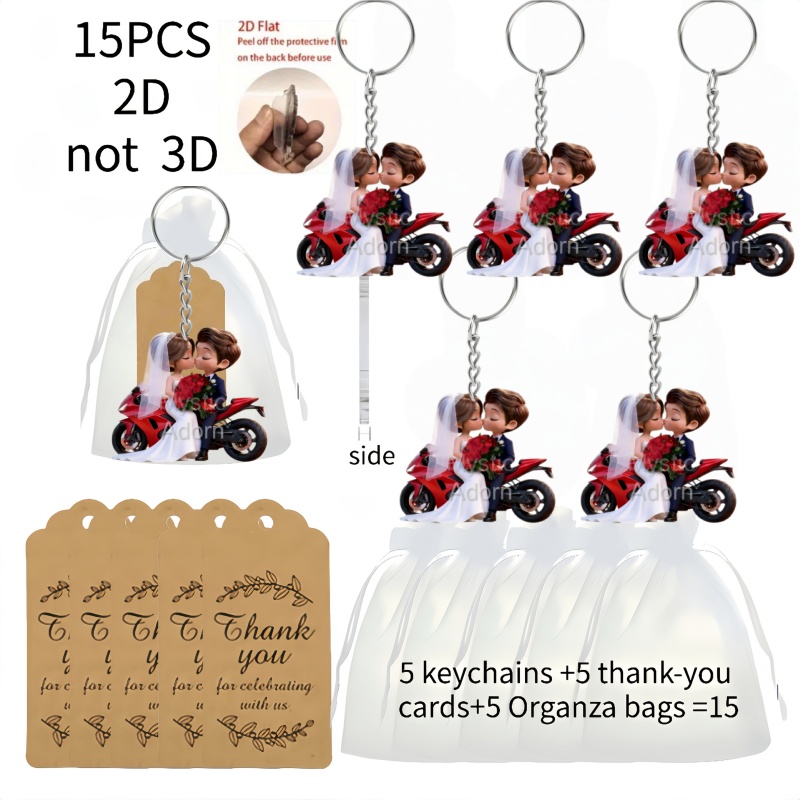 TEMU 2d Flat 15pcs Wedding Motorcycle Couple Acrylic Keychains- Includes(5 2d Design Acrylic Keychains+ 5 Thank-you Cards+ 5 Gift Mesh Bags) Cute