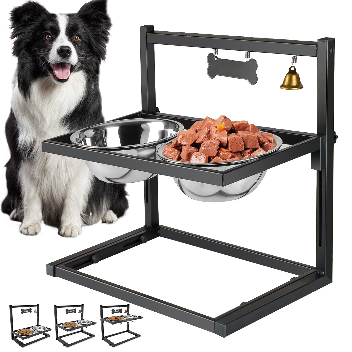 Image of Adjustable Dog Bowl Stand With 2 Interchangeable Bowls, Non-slip Base With Secure Clamps, Includes Name Engraving And Bell Accessory, Ergonomic Feeding Station For Comfortable Eating At Home