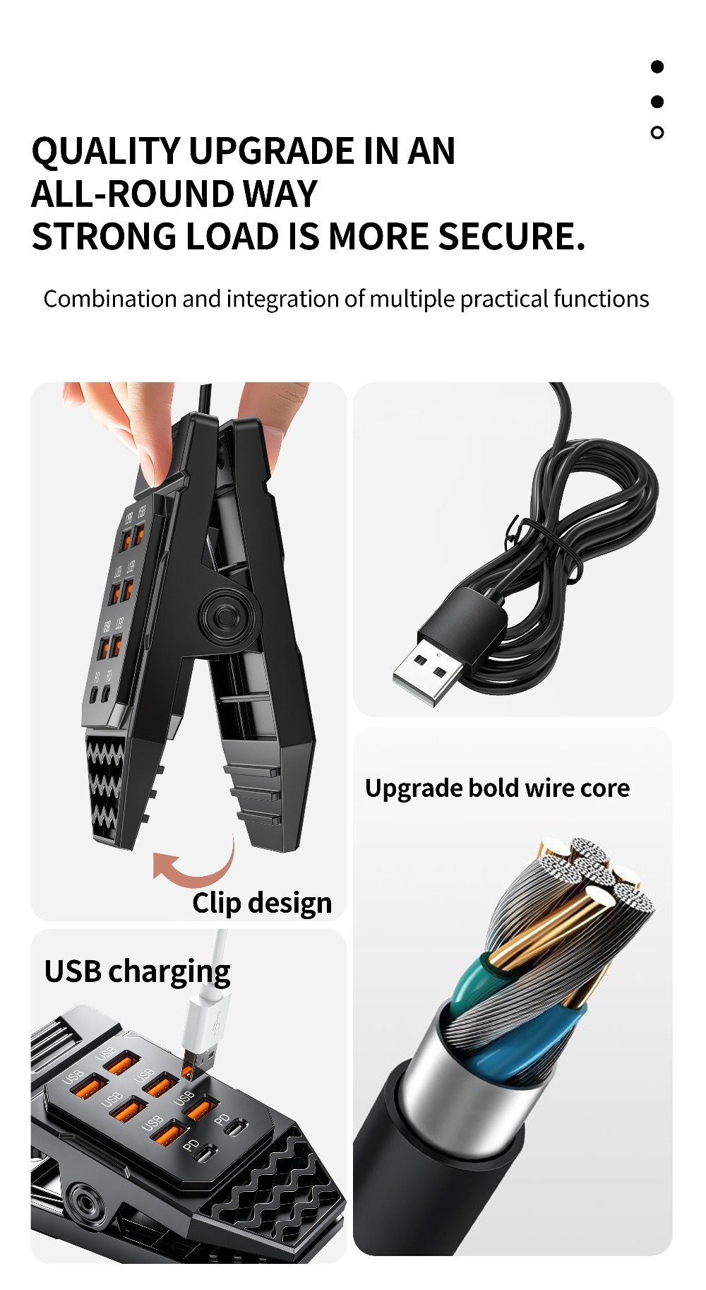 hub di ricarica usb meiglobal a 8 porte con clip, 6 porte usb-a + 2 porte pd type-c  . morsetto da tavolo a  , usb plug-and-play, distribuzione intelligente della corrente e protezione da surriscaldamento/sovratensione. uso interno,  ,   e in campeggio per telefoni Dettagli dell'articolo 11
