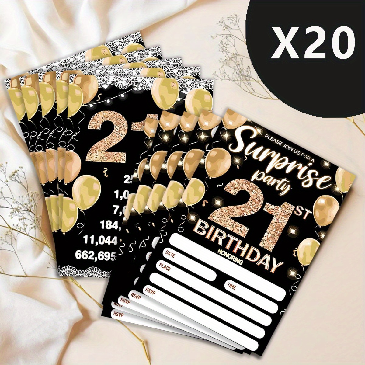 TEMU Set Of 20 Black And Golden Birthday Invitation Cards For The 21st Celebration, Suitable For Adult Parties, Designed For Inviting , Complete With