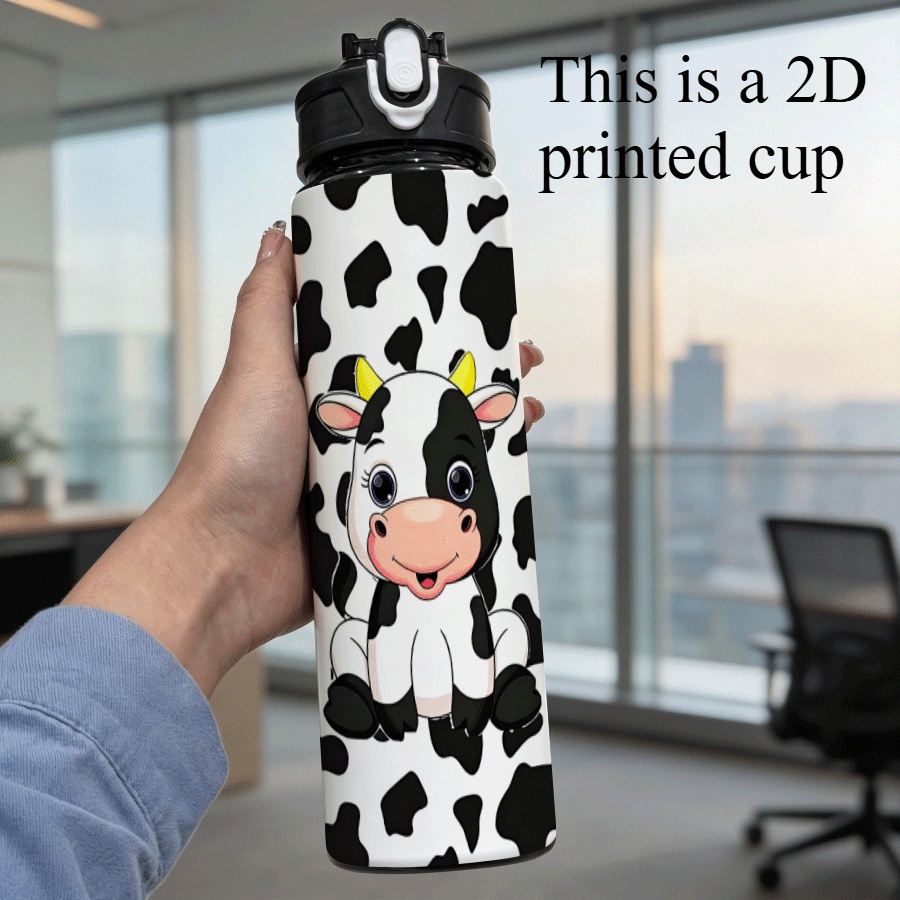 TEMU Bouteille d'eau 1 pièce 25 oz/750 ml avec couvercle et paille, tasse de voyage à , impression 2D d'une vache de dessin mignonne avec un museau