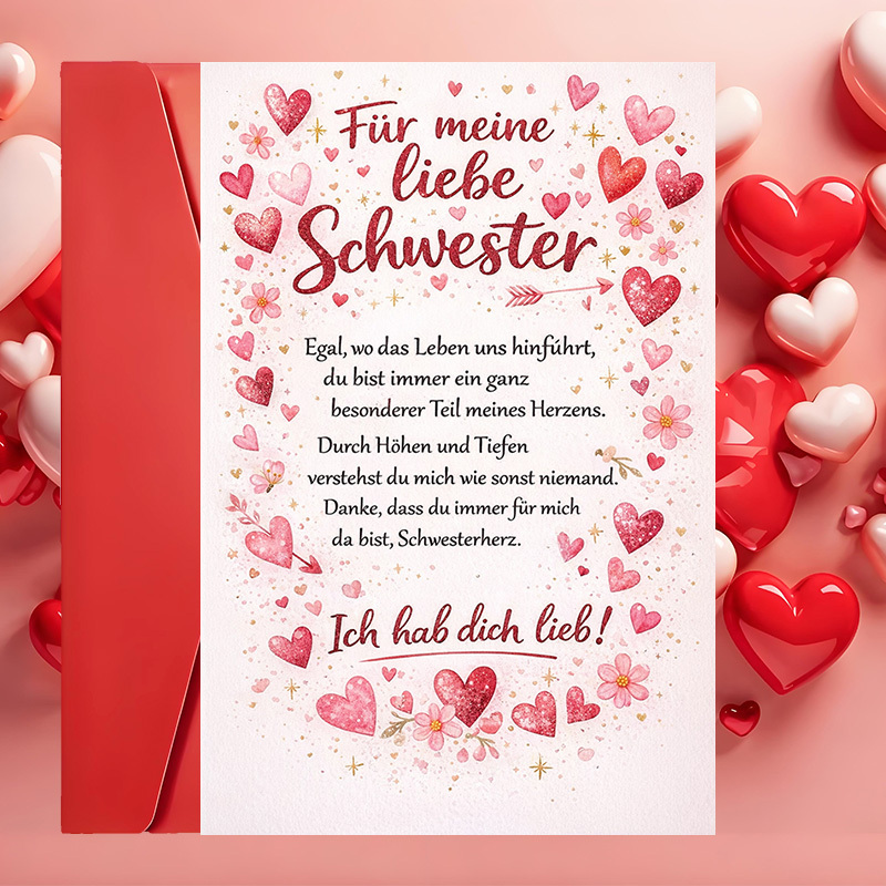 E-shop 1 Grußkarte + 1 Umschlag – Niedliche Schwester Grußkarte mit Herz- Blumenmuster – für Geburtstage, Jubiläen oder einfach, um Wertschätzung Liebe