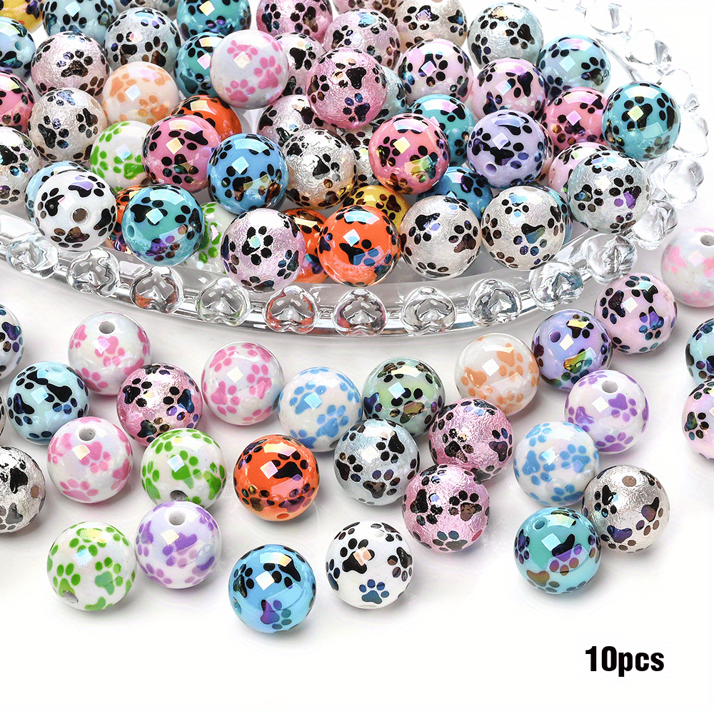 TEMU 10pcs 16mm Acrylic Loose Spacer Beads With Printed Animal (dog Paw, Cat Paw), Bead Accessories For Making, Bracelets, Beaded Pens, Beaded Phone
